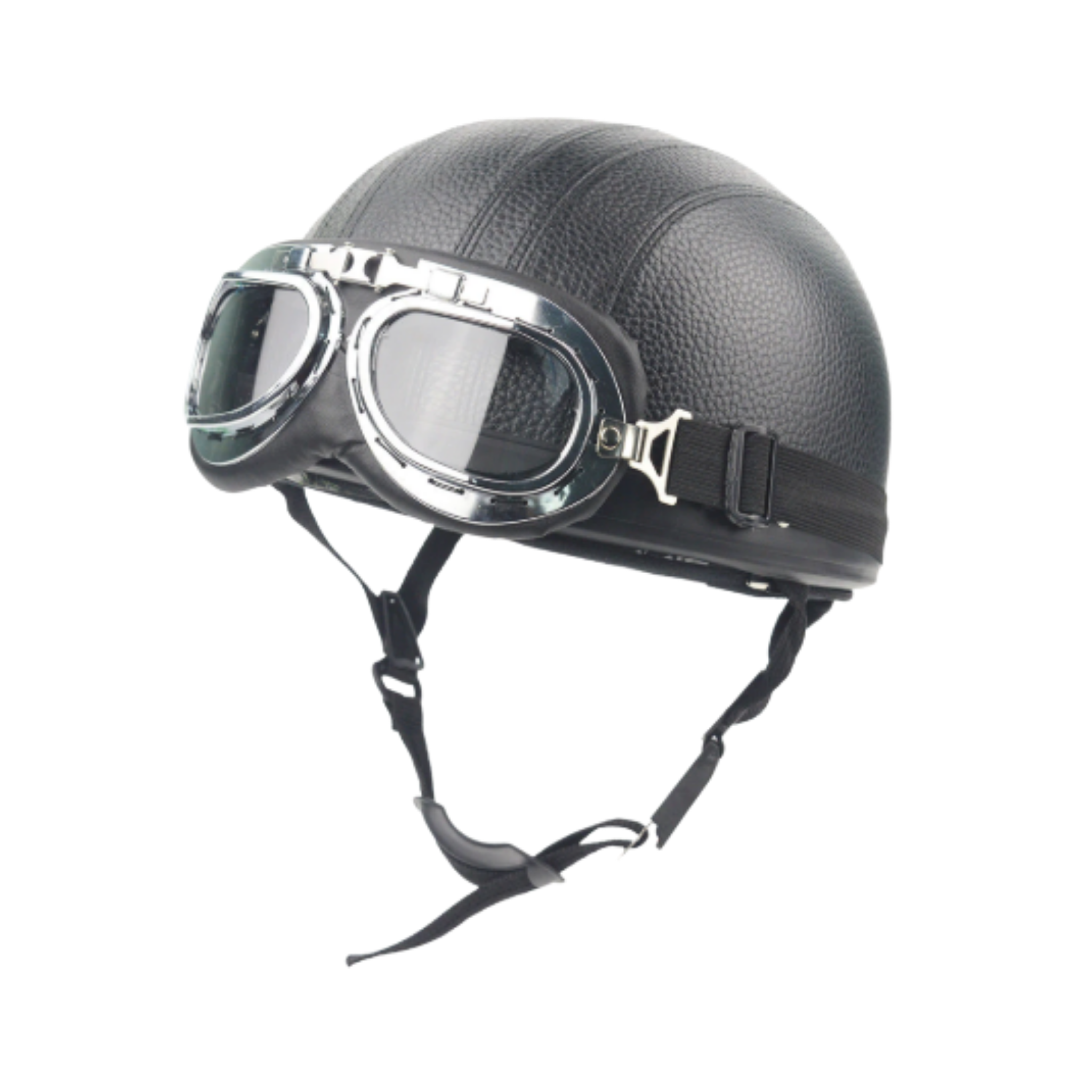 retro cafe racer style motoring helmet showing aviator goggles and comfort chin strap
