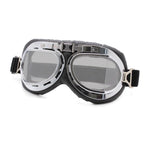 motoring goggles vintage metallic frame, smokey polycarbonate lense on black leather
