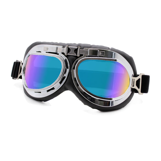 old fashioned aviator goggles mirrored polycarbonate lense metallic frame on leather