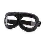 antique pilot goggles clear lense black metallic frame on black leather
