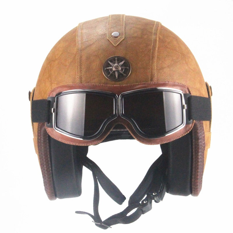 leather motorcycle helmet with goggles