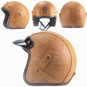 tanned leather motorcycle helmet side view