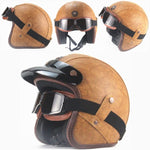tanned leather motorcycle helmet isometric view with visor and goggles attached