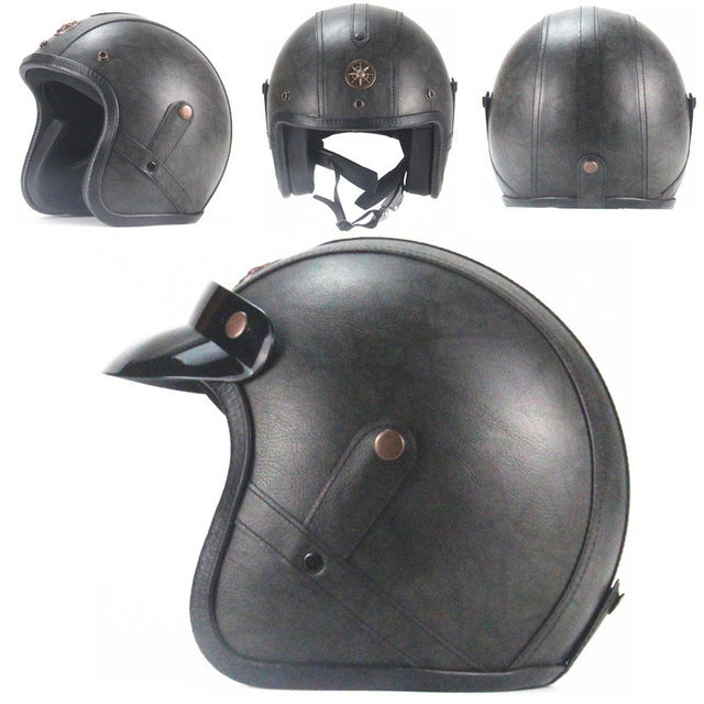 black leather motorcycle helmet with visor attached side view