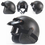 isometric view of black leather motorcycle helmet
