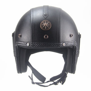 black leather motorcycle helmet no goggles 