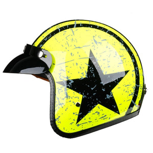 old fashioned light yellow helmet with visor and black star and stripe graphic gloss finish
