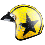 maise color retro helmet with distressed black star and stripes black visor attached