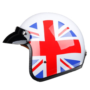 old timey white helmet with union jack graphic on the side and black visor gloss finish